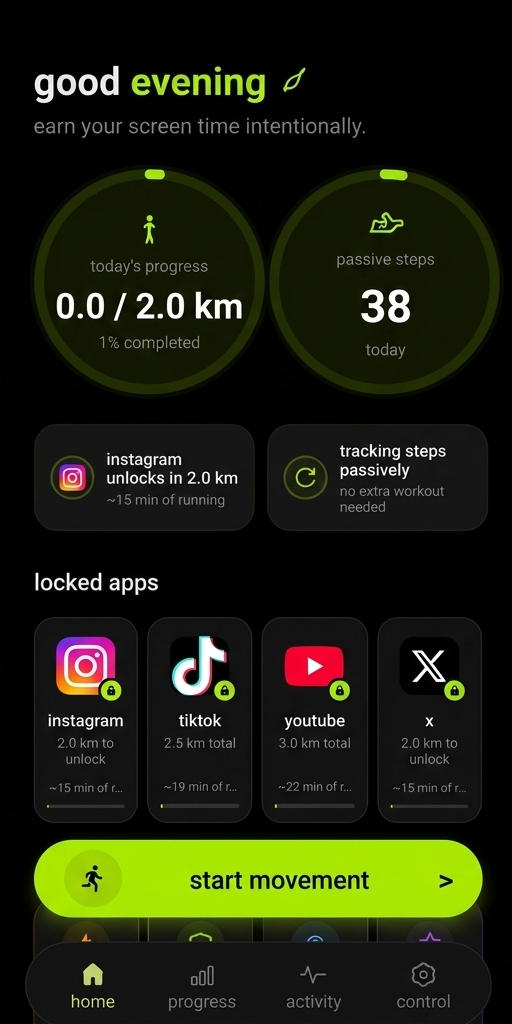 RunLock home screen showing movement goals, locked apps, and progress tracking